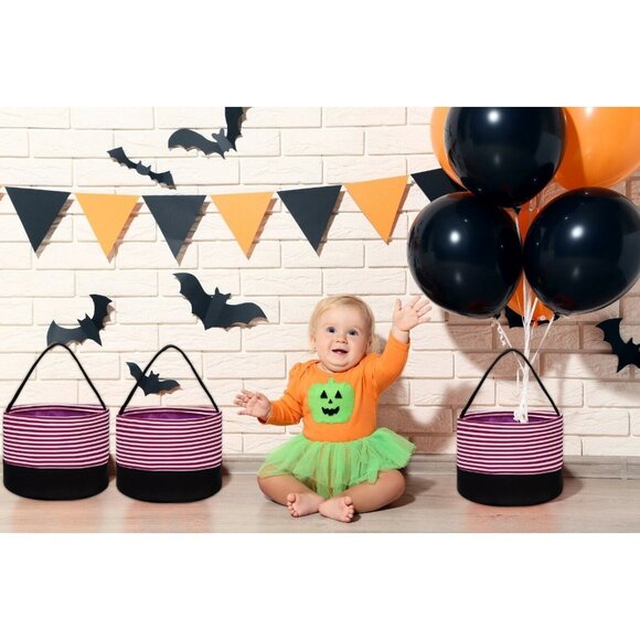 Purple & White Striped Halloween Bucket Bag Trick or Treat Reusable Candy Bag - Picture 2 of 6